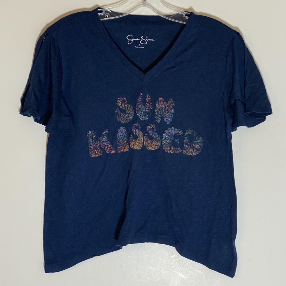 Jessica Simpson Top Women Small Blue Rainbow V Neck Sun Kissed Tee Cold Shoulder